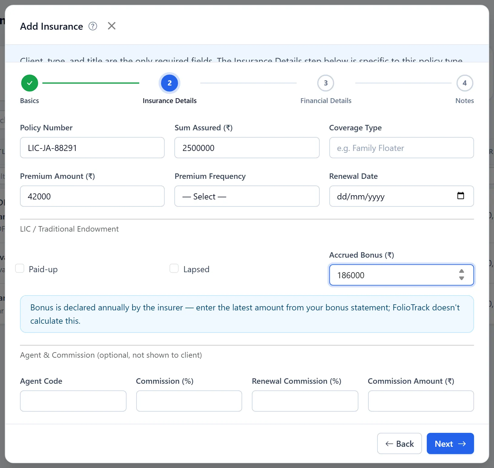 Add insurance form showing LIC-specific fields: paid-up, lapsed, and accrued bonus