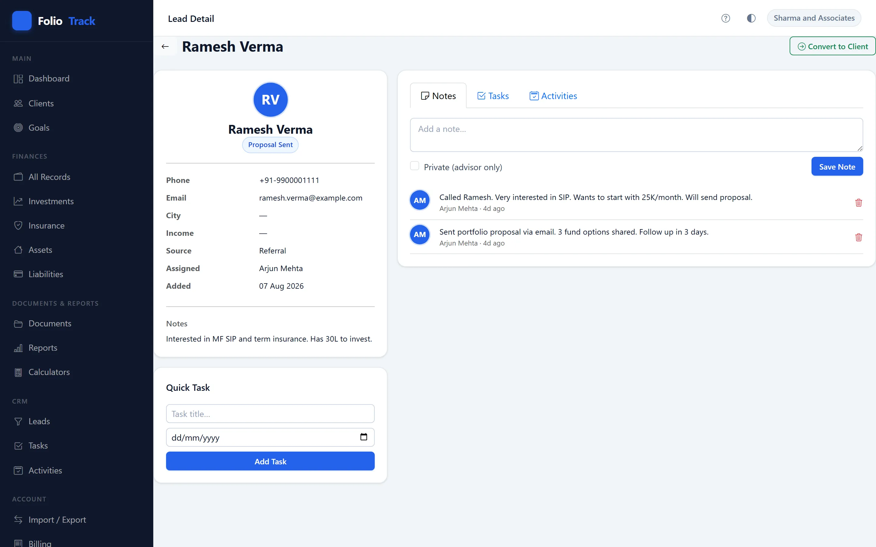 Lead detail page with notes, tasks, and activity timeline